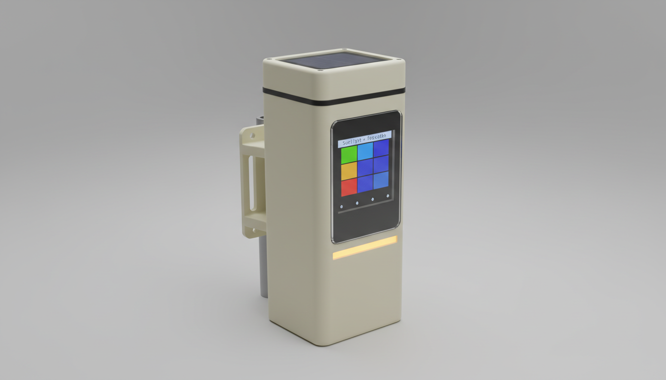 Photoreal render of a WanderSafeMesh node v1: cream IP67 enclosure with solar panel on top, color e-ink display, side mounting bracket.